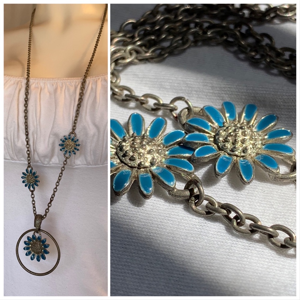 Turquoise Enamel flower necklace - silvertone - daisy or sunflower